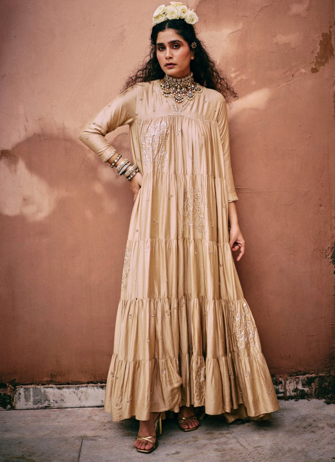 Beige Gold Embroidered Modal Silk Anarkali Paulmi and Harsh - Fabilicious Fashion