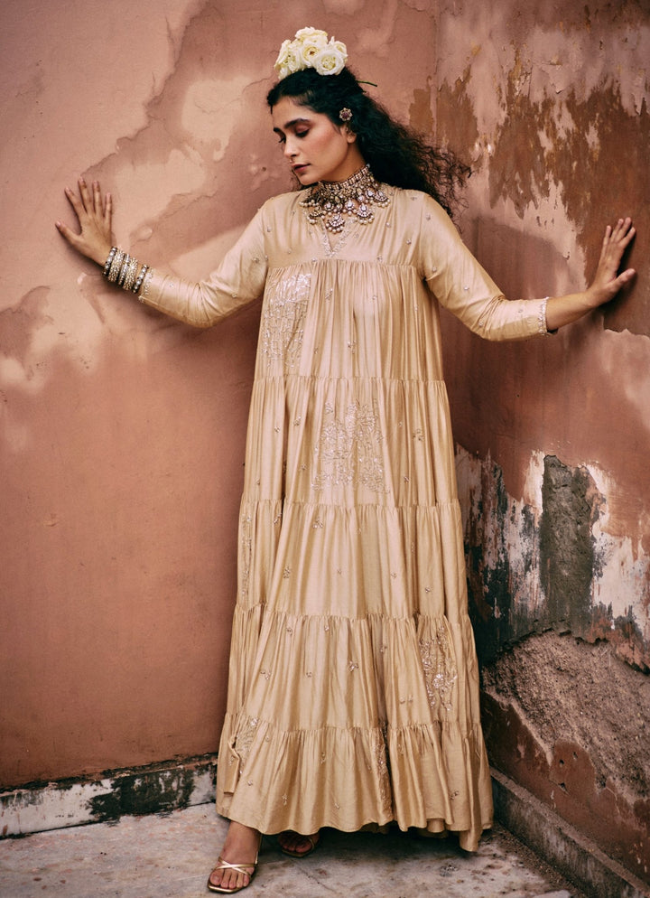 Beige Gold Embroidered Modal Silk Anarkali Paulmi and Harsh - Fabilicious Fashion