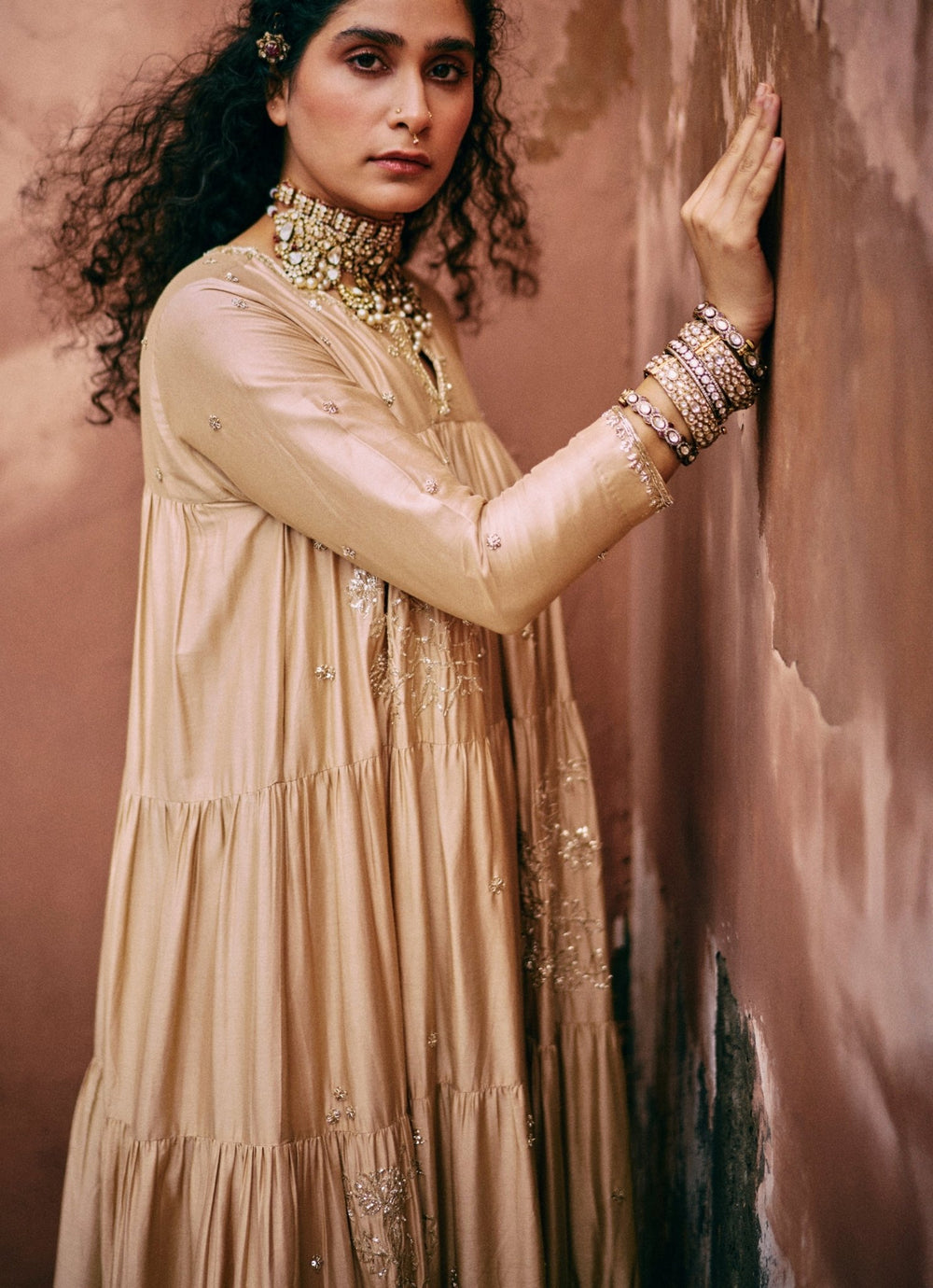 Beige Gold Embroidered Modal Silk Anarkali Paulmi and Harsh - Fabilicious Fashion