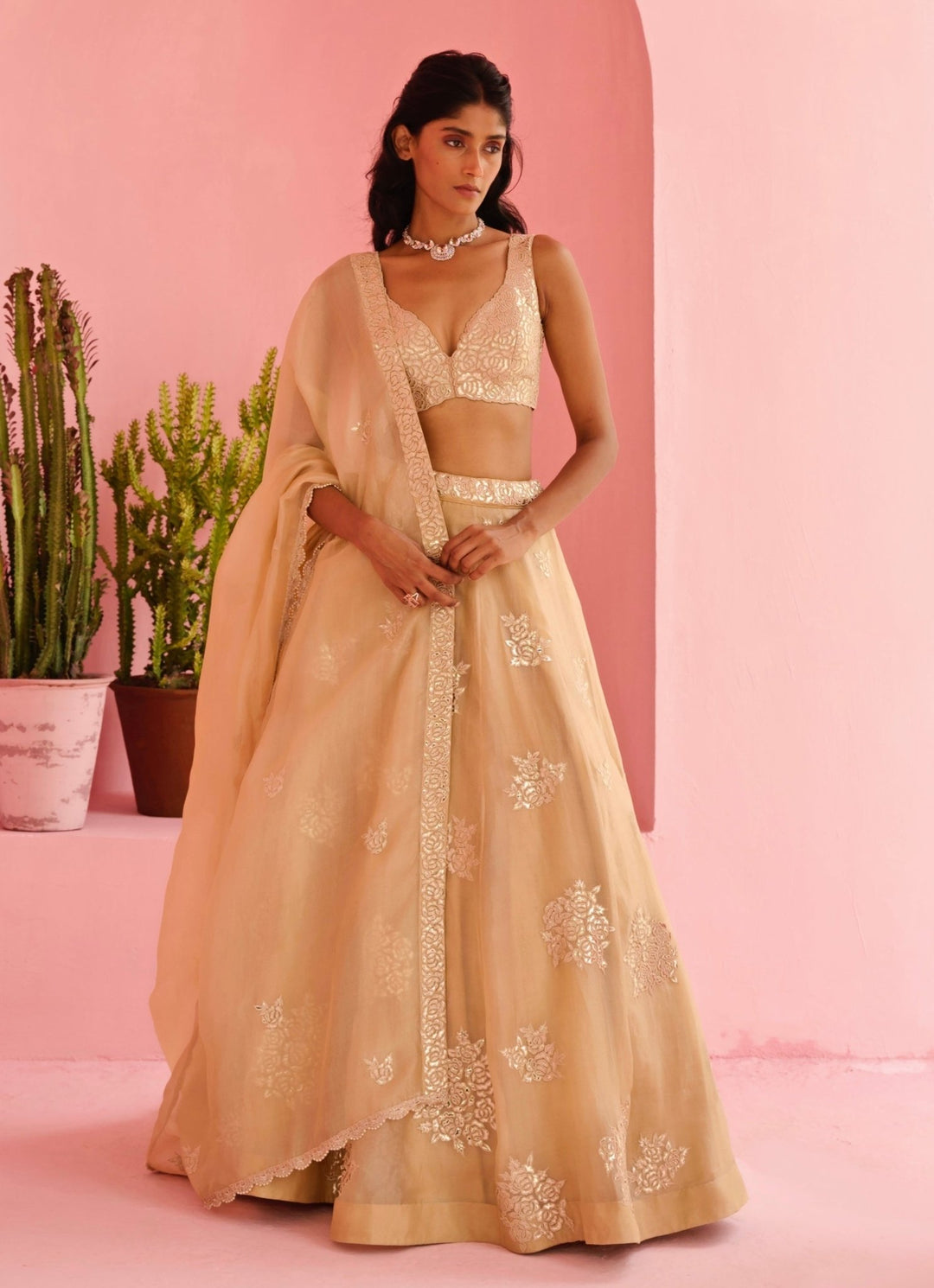 Beige Gold Embroidered Organza Lehenga Set Chamee and Palak - Fabilicious Fashion