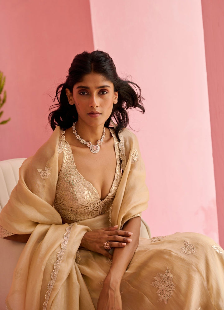 Beige Gold Embroidered Organza Lehenga Set Chamee and Palak - Fabilicious Fashion
