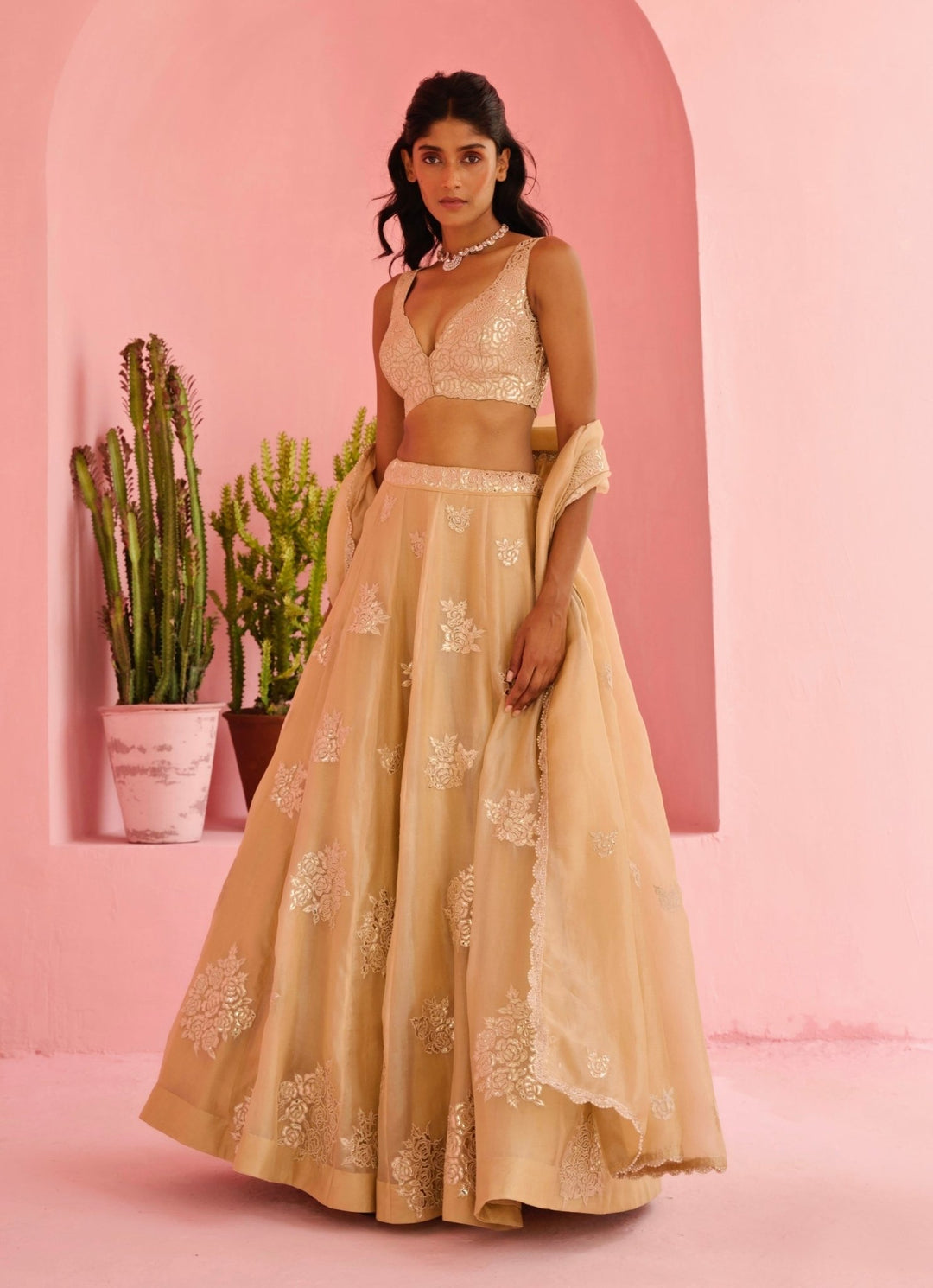 Beige Gold Embroidered Organza Lehenga Set Chamee and Palak - Fabilicious Fashion