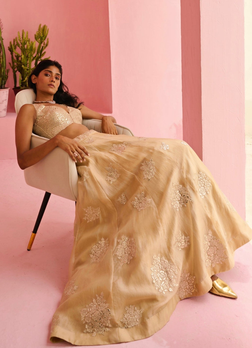 Beige Gold Embroidered Organza Lehenga Set Chamee and Palak - Fabilicious Fashion
