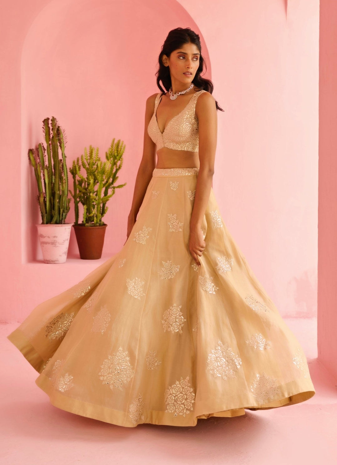 Beige Gold Embroidered Organza Lehenga Set Chamee and Palak - Fabilicious Fashion