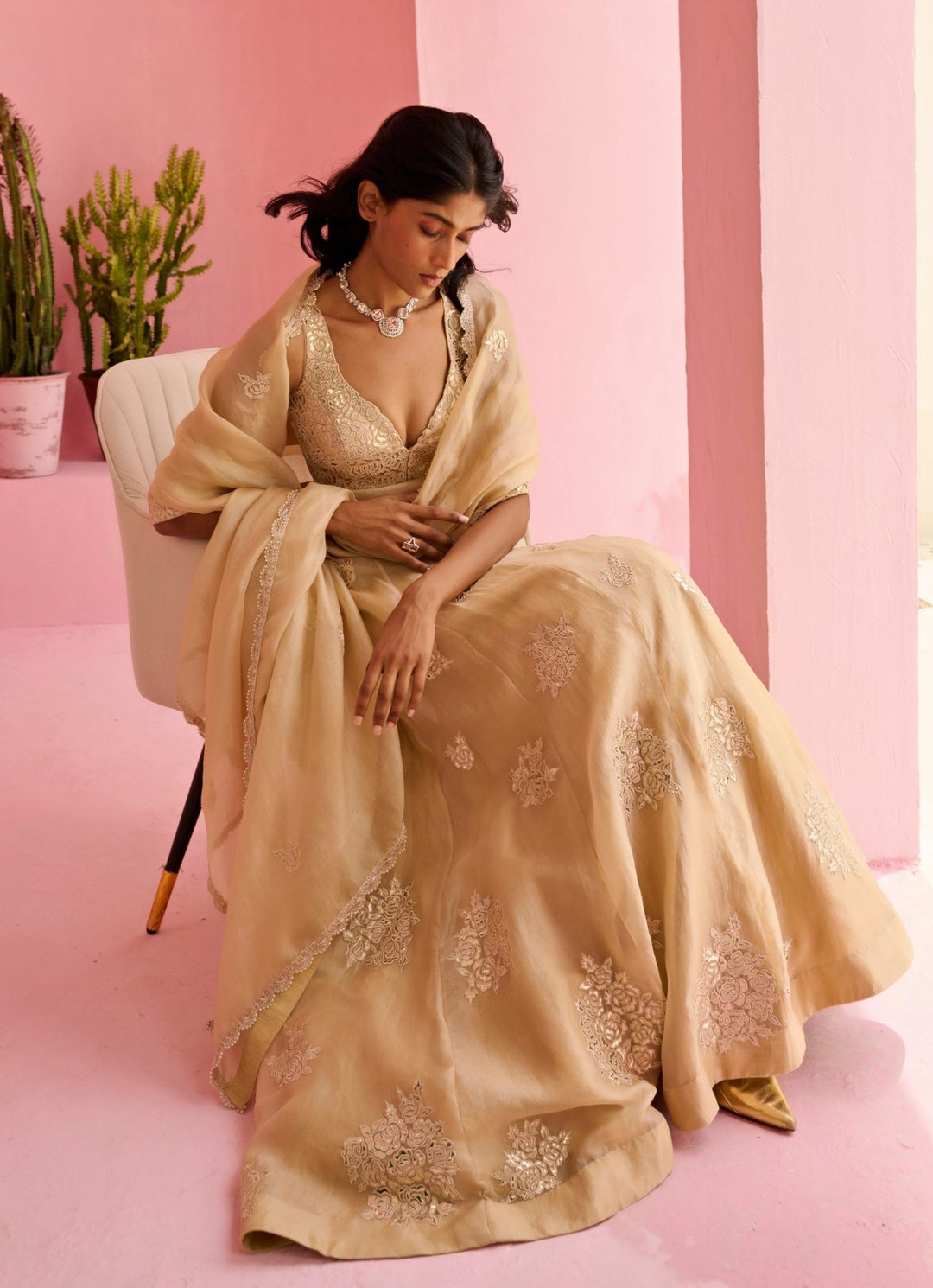 Beige Gold Embroidered Organza Lehenga Set Chamee and Palak - Fabilicious Fashion