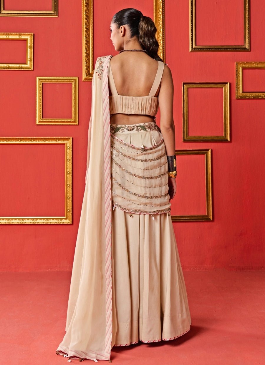 Beige Gold Embroidered Organza Lehenga Set Studio Bagechaa - Fabilicious Fashion