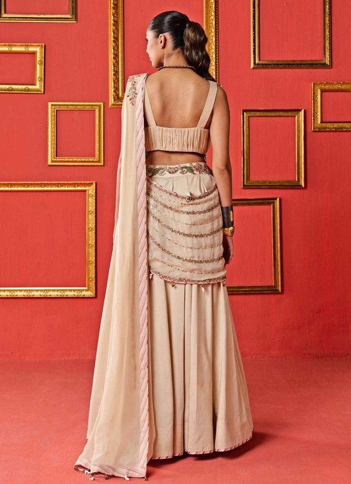 Beige Gold Embroidered Organza Lehenga Set Studio Bagechaa - Fabilicious Fashion