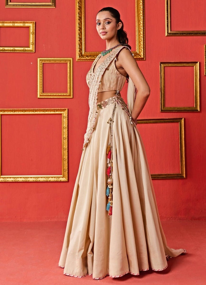 Beige Gold Embroidered Organza Lehenga Set Studio Bagechaa - Fabilicious Fashion