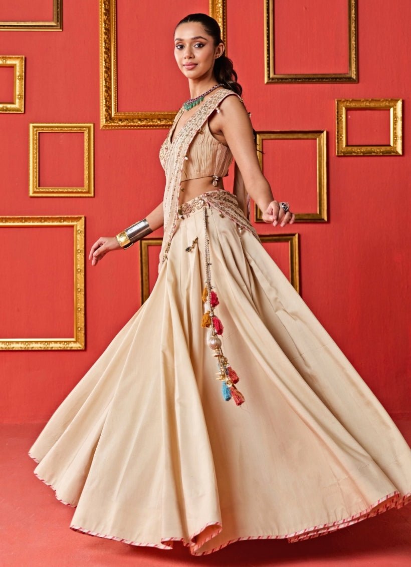 Beige Gold Embroidered Organza Lehenga Set Studio Bagechaa - Fabilicious Fashion