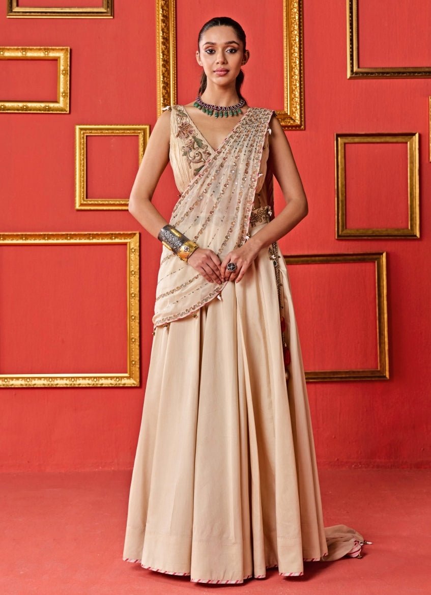 Beige Gold Embroidered Organza Lehenga Set Studio Bagechaa - Fabilicious Fashion