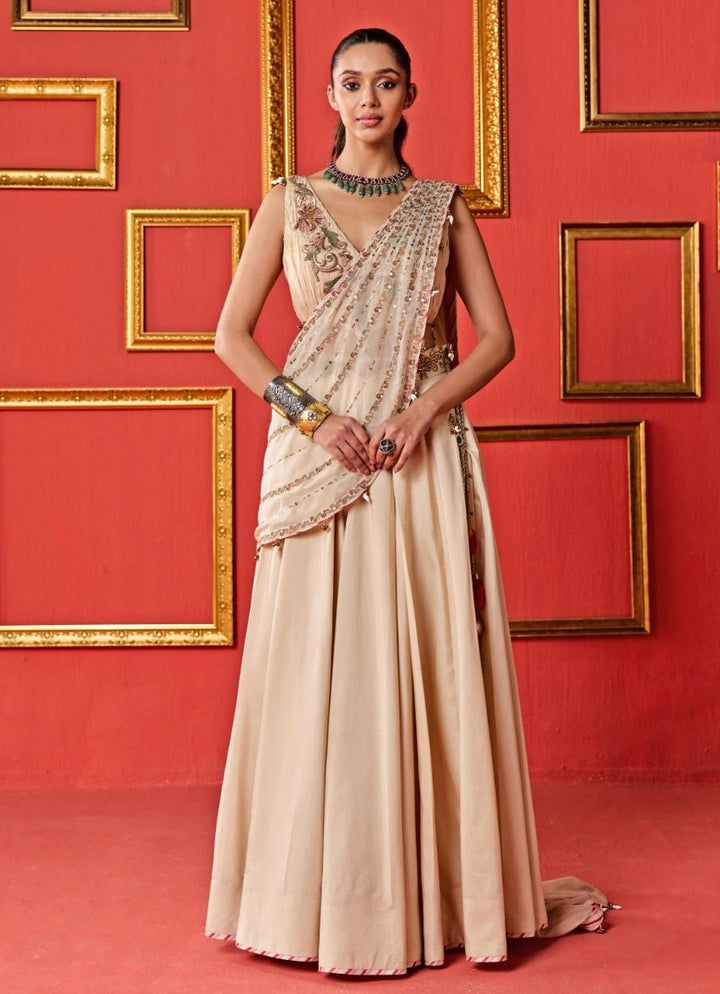 Beige Gold Embroidered Organza Lehenga Set Studio Bagechaa - Fabilicious Fashion