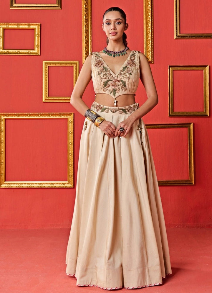 Beige Gold Embroidered Organza Lehenga Set Studio Bagechaa - Fabilicious Fashion