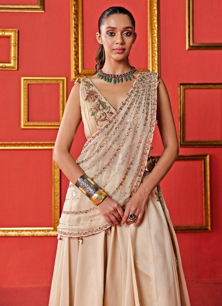 Beige Gold Embroidered Organza Lehenga Set Studio Bagechaa - Fabilicious Fashion