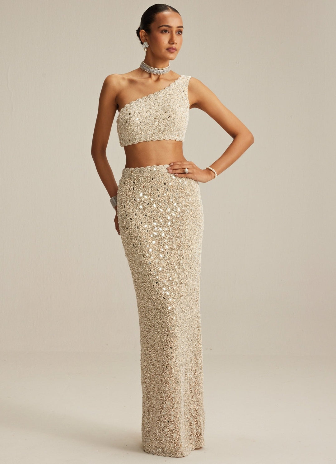 Beige Gold Embroidered Pencil Skirt With One Shoulder Blouse Vvani by Vani Vats - Fabilicious Fashion