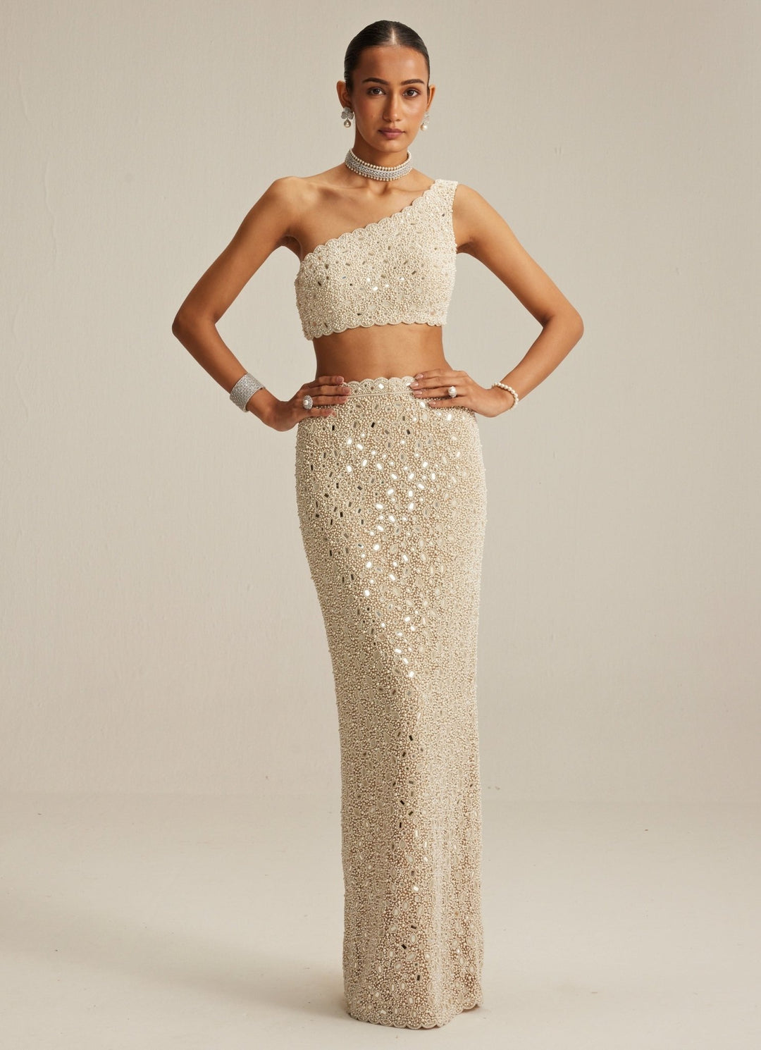 Beige Gold Embroidered Pencil Skirt With One Shoulder Blouse Vvani by Vani Vats - Fabilicious Fashion