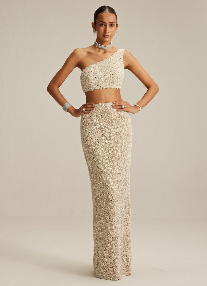Beige Gold Embroidered Pencil Skirt With One Shoulder Blouse Vvani by Vani Vats - Fabilicious Fashion