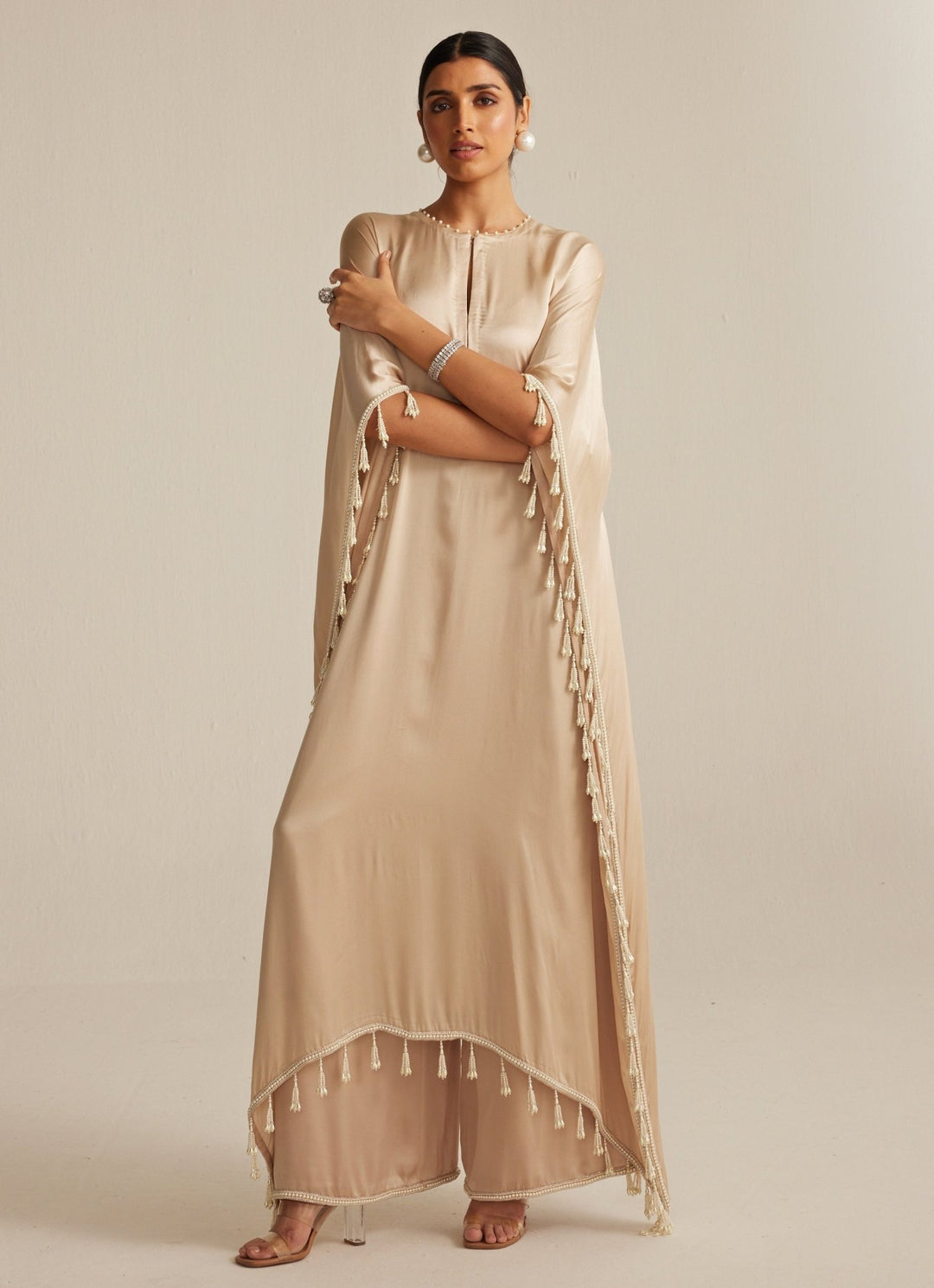 Beige Gold Embroidered Satin Kaftan Kurta With Pants Vvani by Vani Vats - Fabilicious Fashion