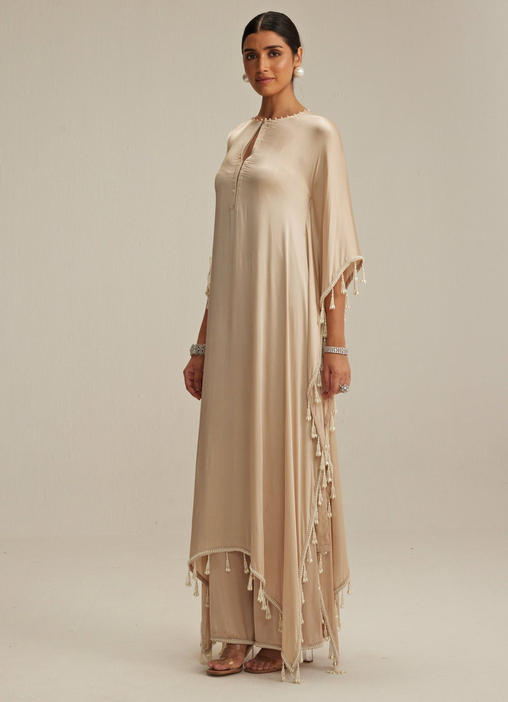Beige Gold Embroidered Satin Kaftan Kurta With Pants Vvani by Vani Vats - Fabilicious Fashion