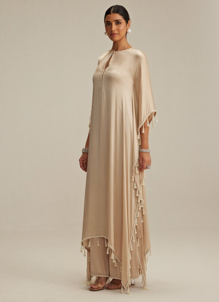 Beige Gold Embroidered Satin Kaftan Kurta With Pants Vvani by Vani Vats - Fabilicious Fashion