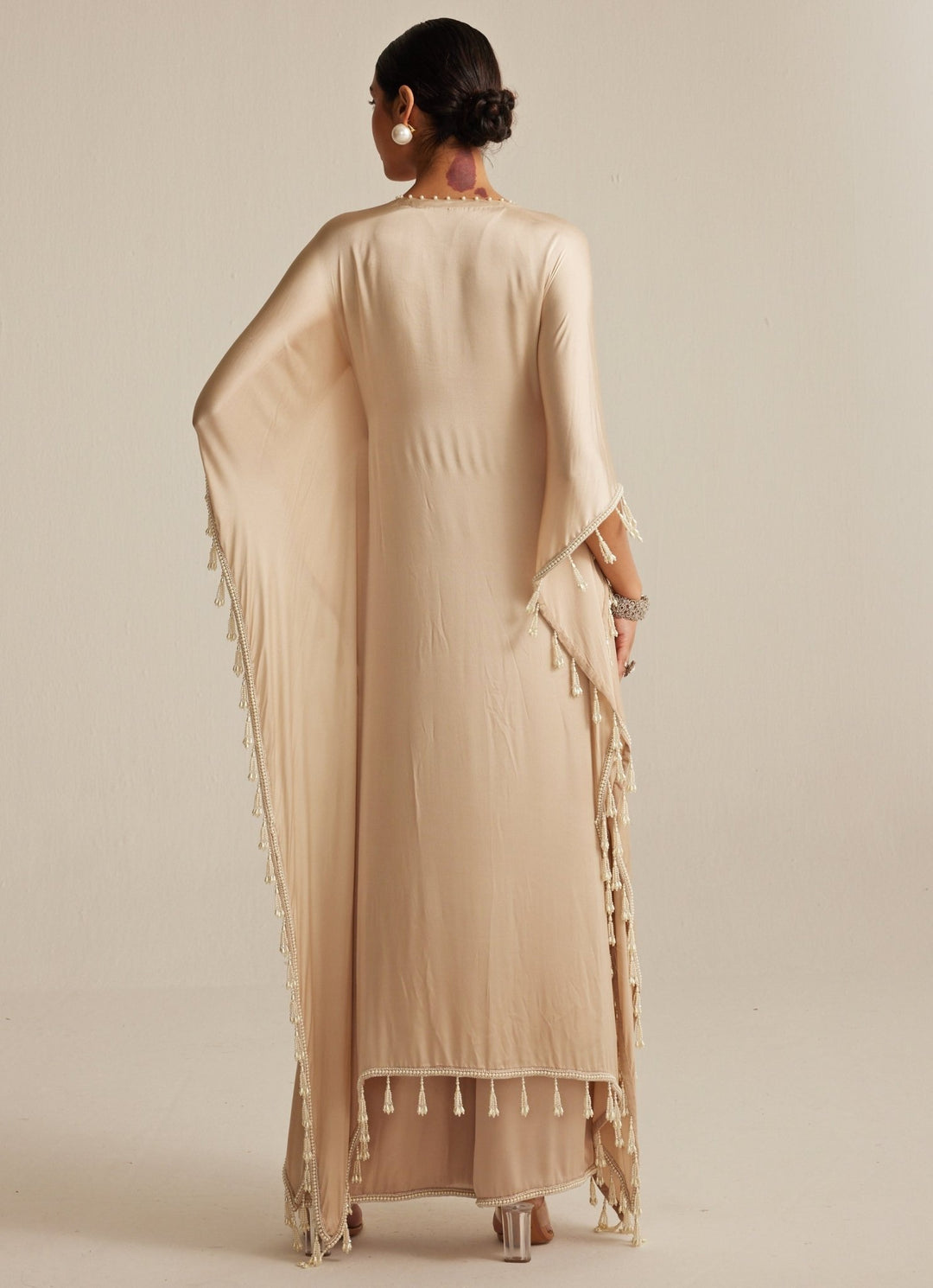 Beige Gold Embroidered Satin Kaftan Kurta With Pants Vvani by Vani Vats - Fabilicious Fashion