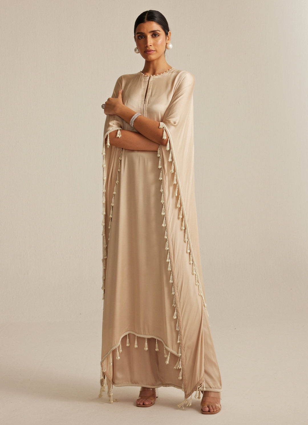 Beige Gold Embroidered Satin Kaftan Kurta With Pants Vvani by Vani Vats - Fabilicious Fashion