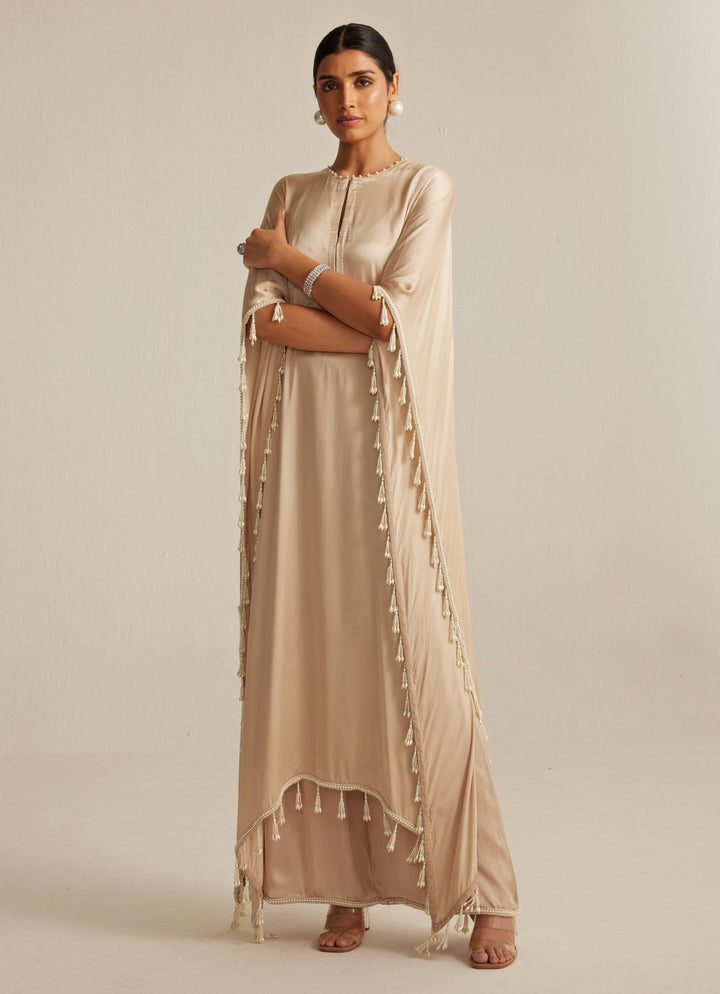 Beige Gold Embroidered Satin Kaftan Kurta With Pants Vvani by Vani Vats - Fabilicious Fashion