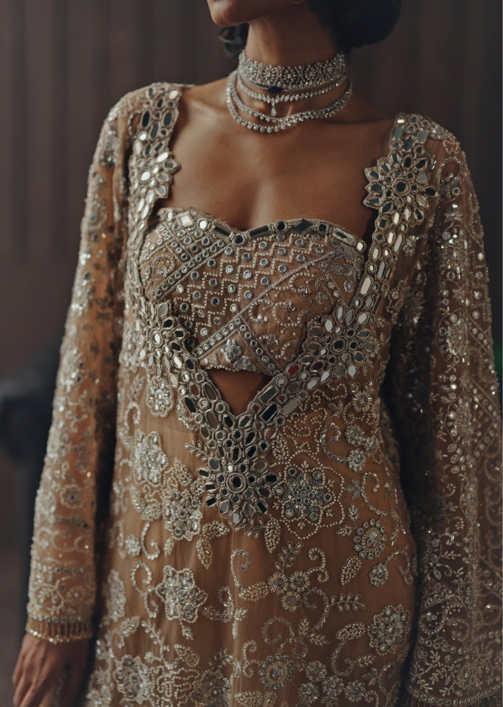 Beige Gold Embroidered Soft Net Kaftan With Bustier Twenty Nine - Fabilicious Fashion