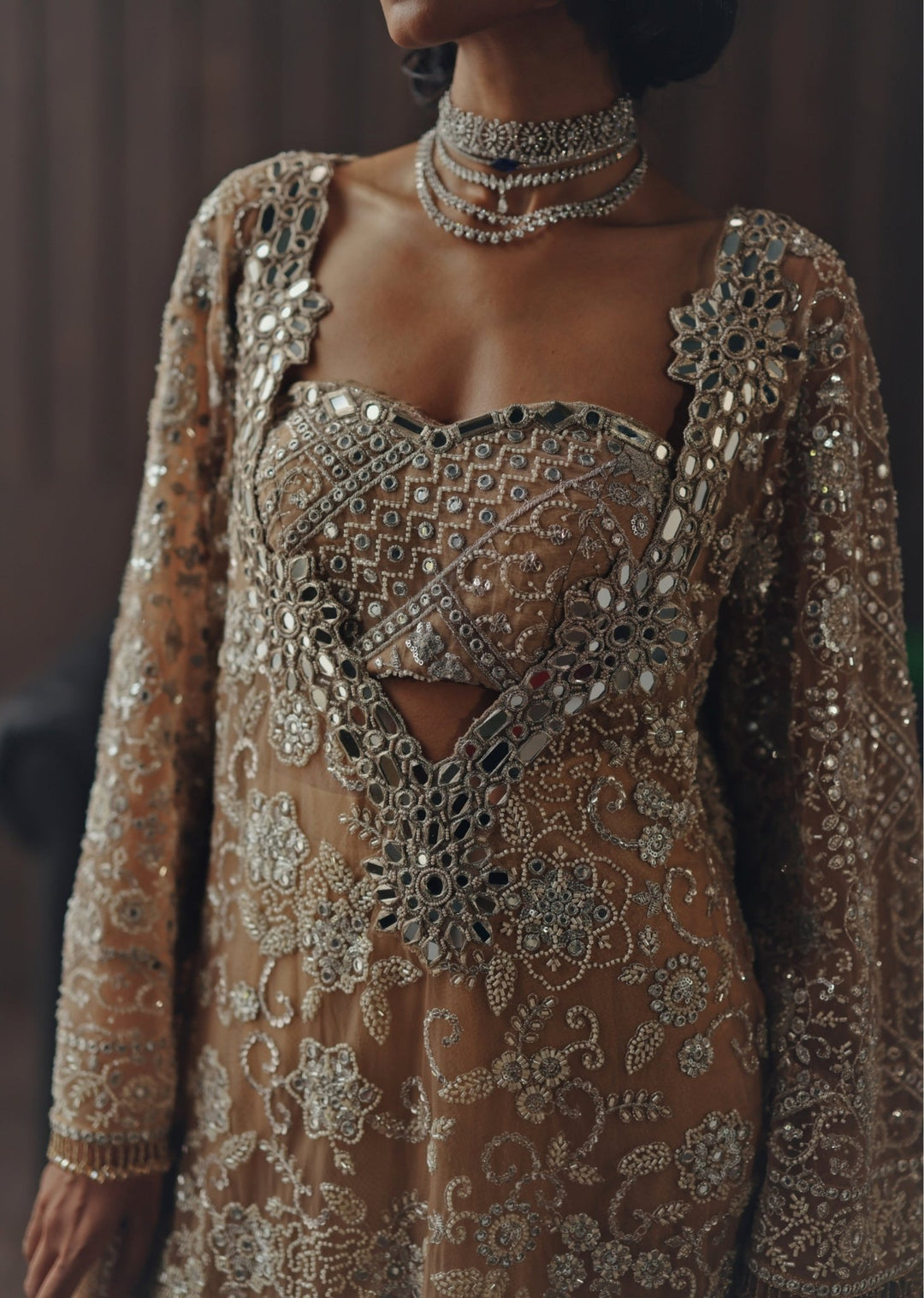 Beige Gold Embroidered Soft Net Kaftan With Bustier Twenty Nine - Fabilicious Fashion