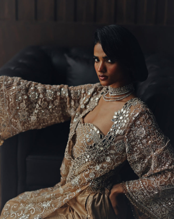 Beige Gold Embroidered Soft Net Kaftan With Bustier Twenty Nine - Fabilicious Fashion