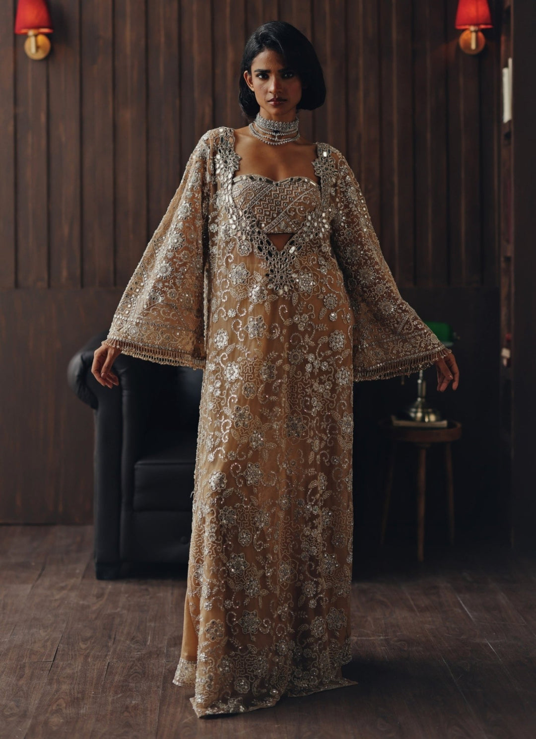 Beige Gold Embroidered Soft Net Kaftan With Bustier Twenty Nine - Fabilicious Fashion