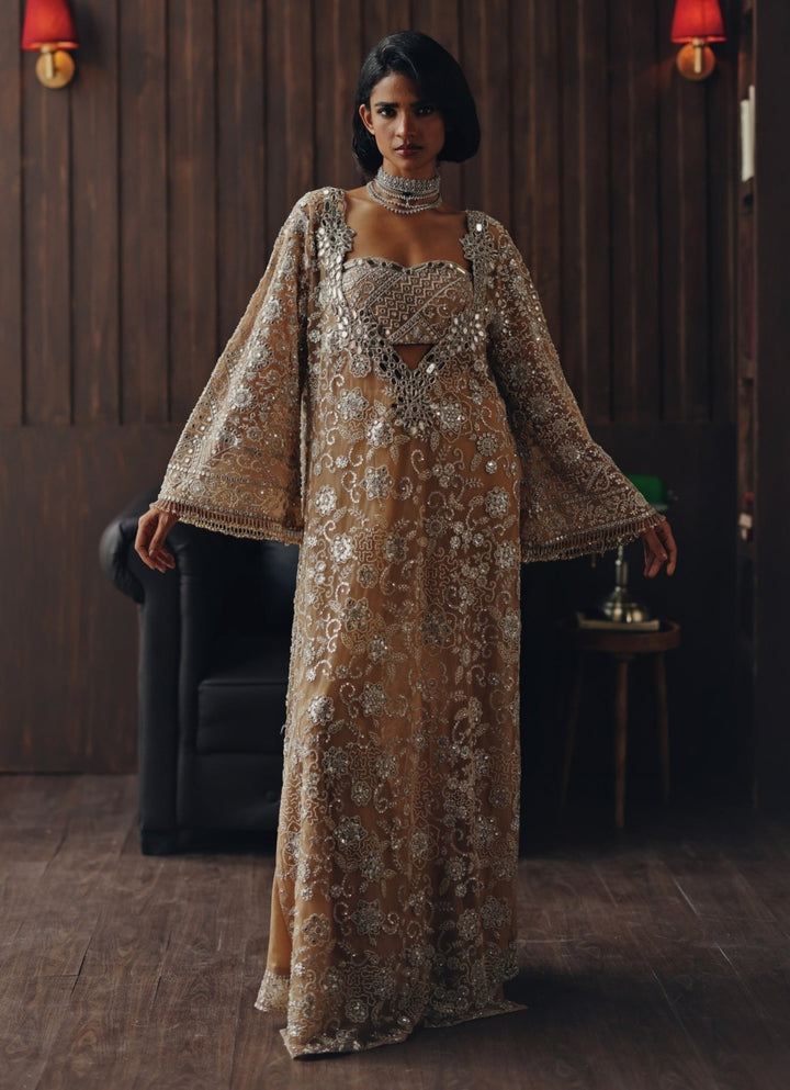 Beige Gold Embroidered Soft Net Kaftan With Bustier Twenty Nine - Fabilicious Fashion