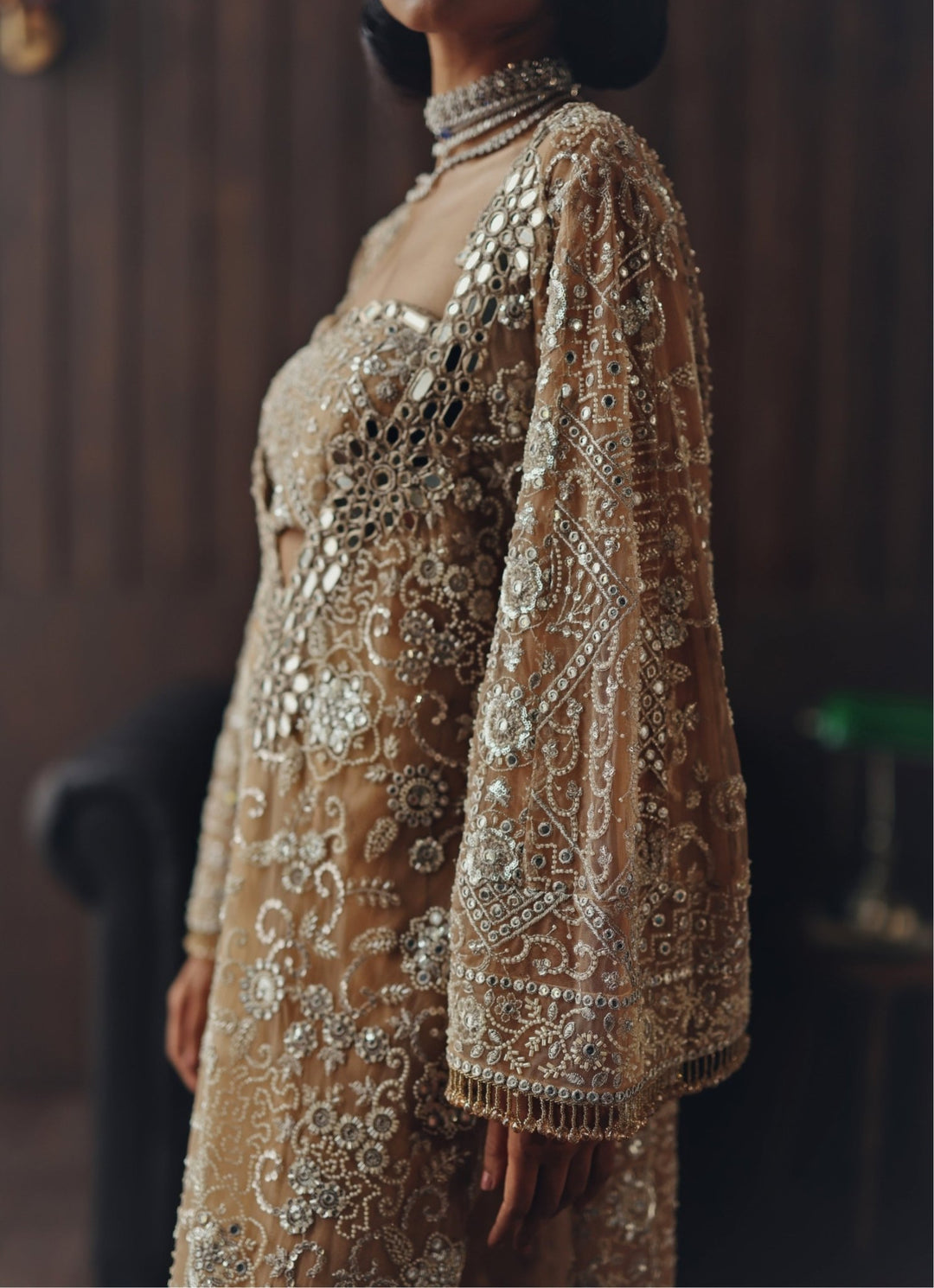 Beige Gold Embroidered Soft Net Kaftan With Bustier Twenty Nine - Fabilicious Fashion