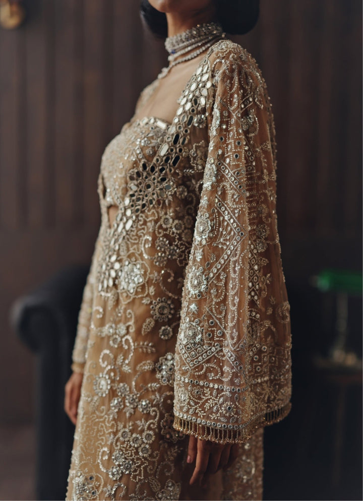 Beige Gold Embroidered Soft Net Kaftan With Bustier Twenty Nine - Fabilicious Fashion