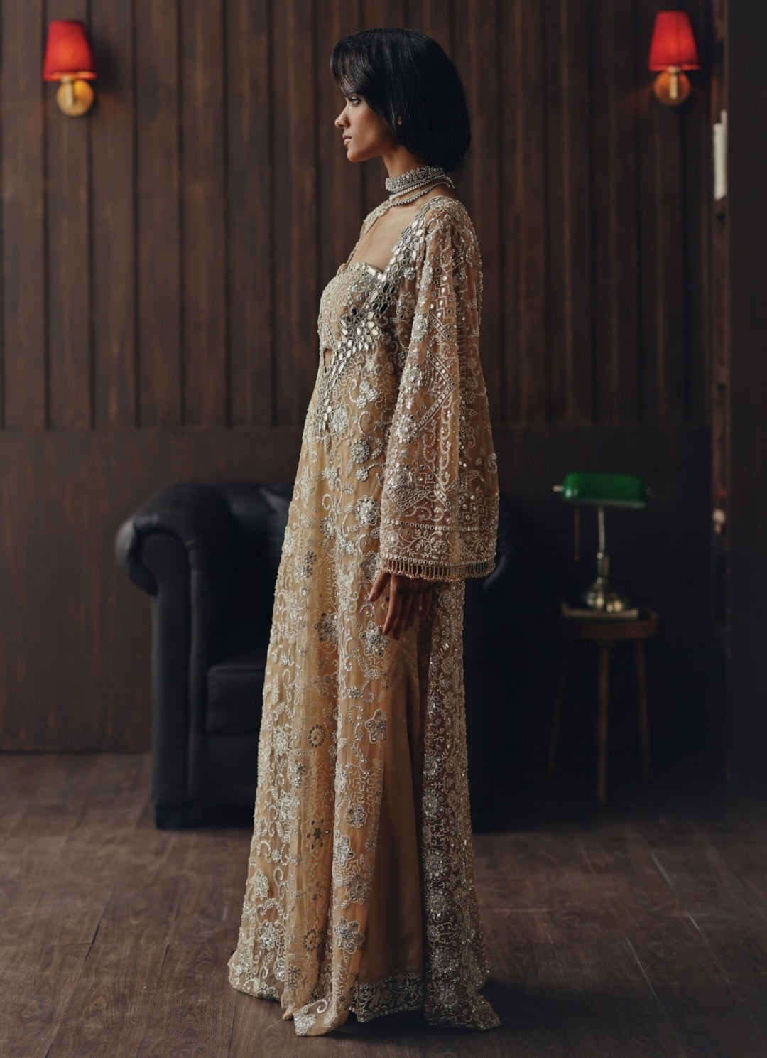 Beige Gold Embroidered Soft Net Kaftan With Bustier Twenty Nine - Fabilicious Fashion