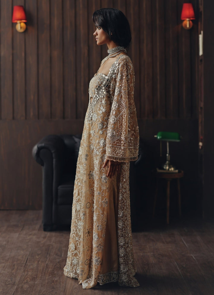 Beige Gold Embroidered Soft Net Kaftan With Bustier Twenty Nine - Fabilicious Fashion