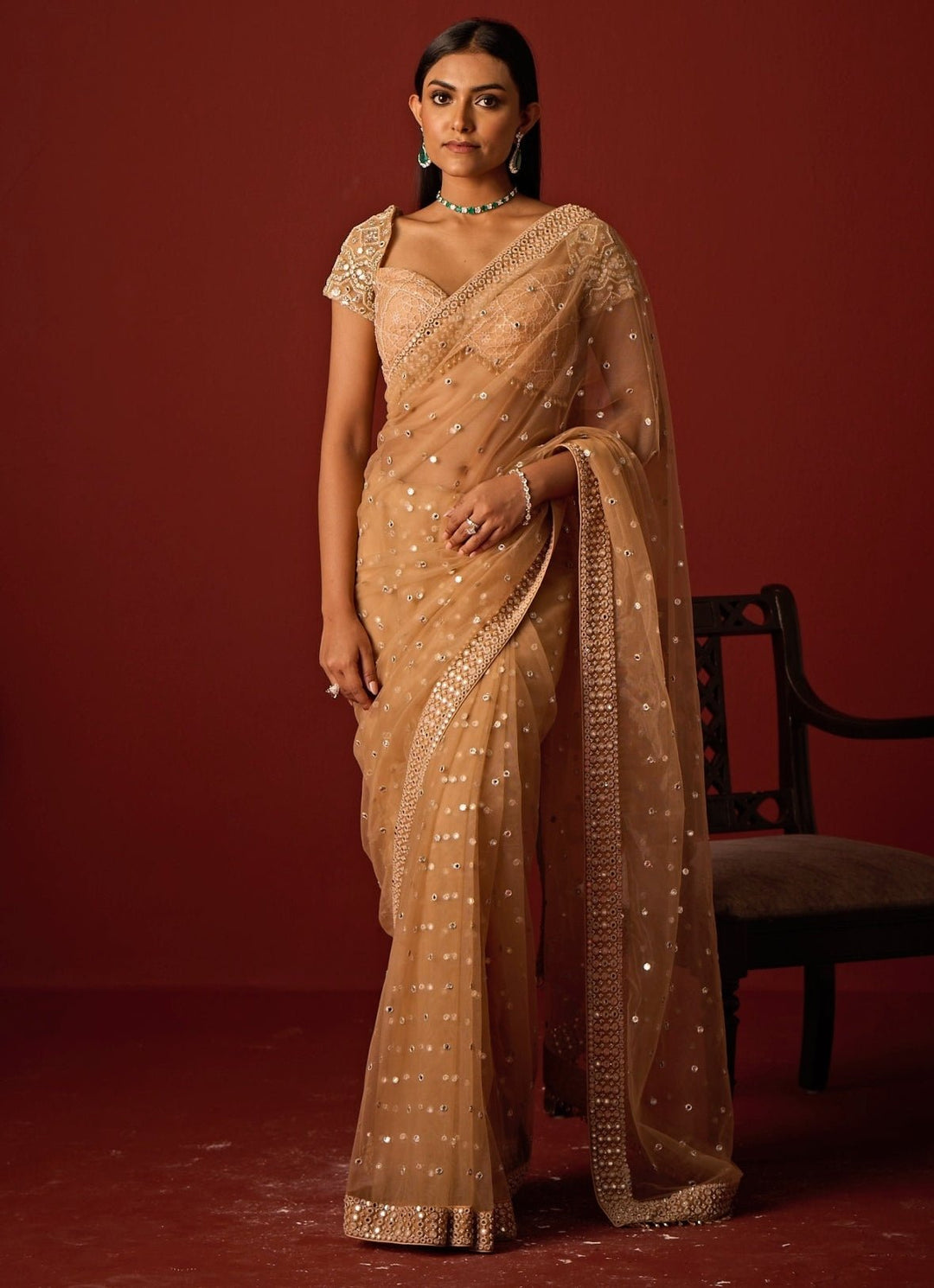 Beige Gold Embroidered Soft Net Saree Twenty Nine - Fabilicious Fashion