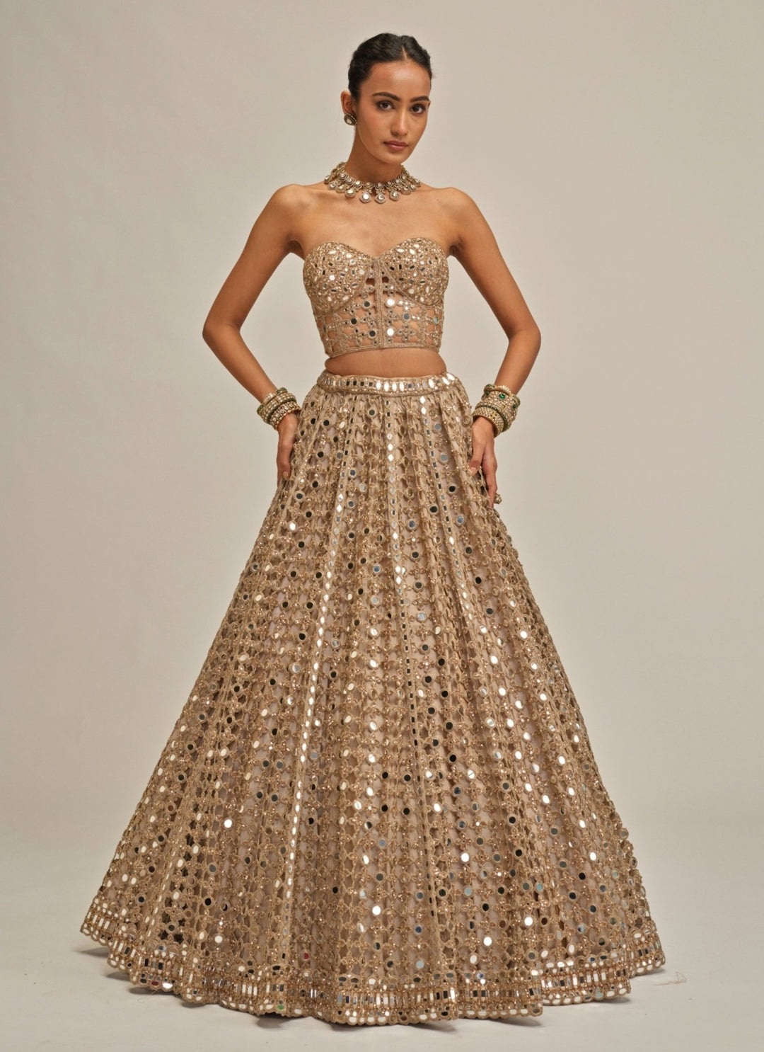 Vvani by Vani Vats Beige Gold Georgette Corset LehengaFabilicious Fashion