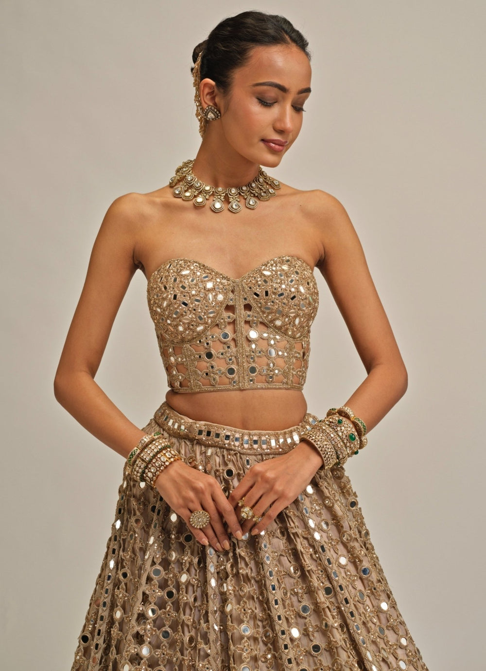 Vvani by Vani Vats Beige Gold Georgette Corset LehengaFabilicious Fashion