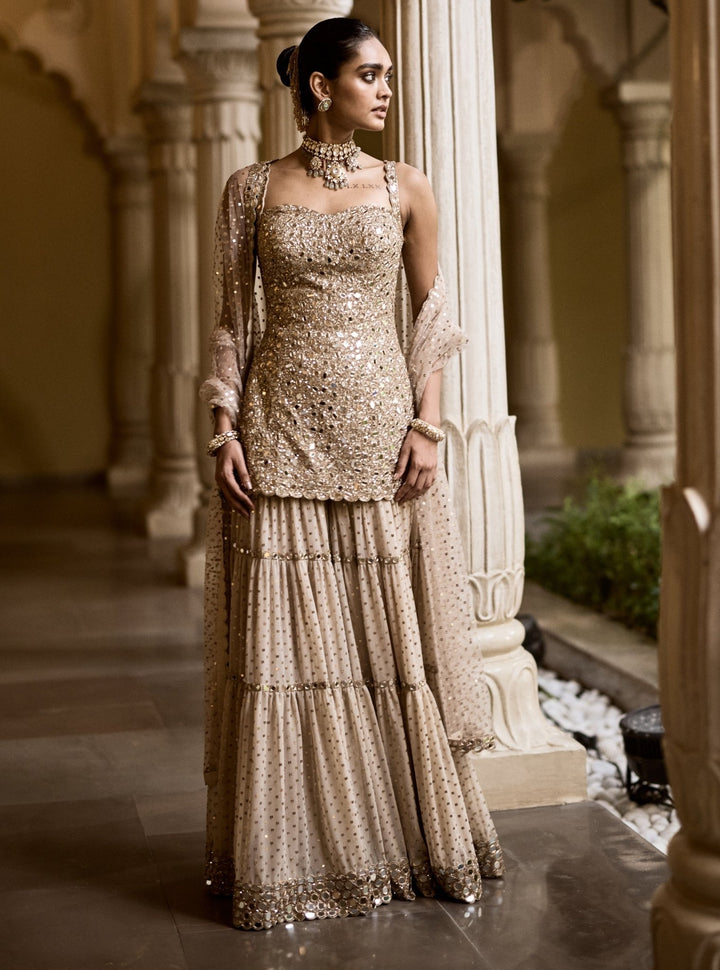 Vvani by Vani Vats Beige Gold Georgette Kurta ShararaFabilicious Fashion