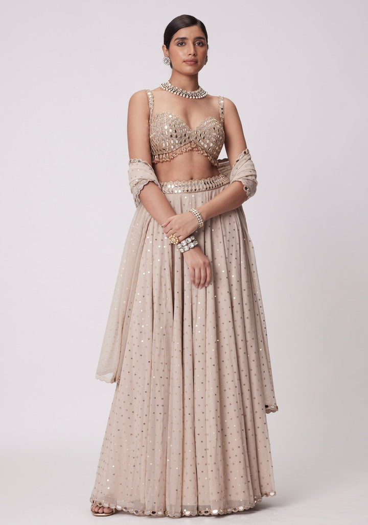 Beige Gold Georgette Lehenga With Embroidered Sleeveless Blouse Vvani by Vani Vats - Fabilicious Fashion