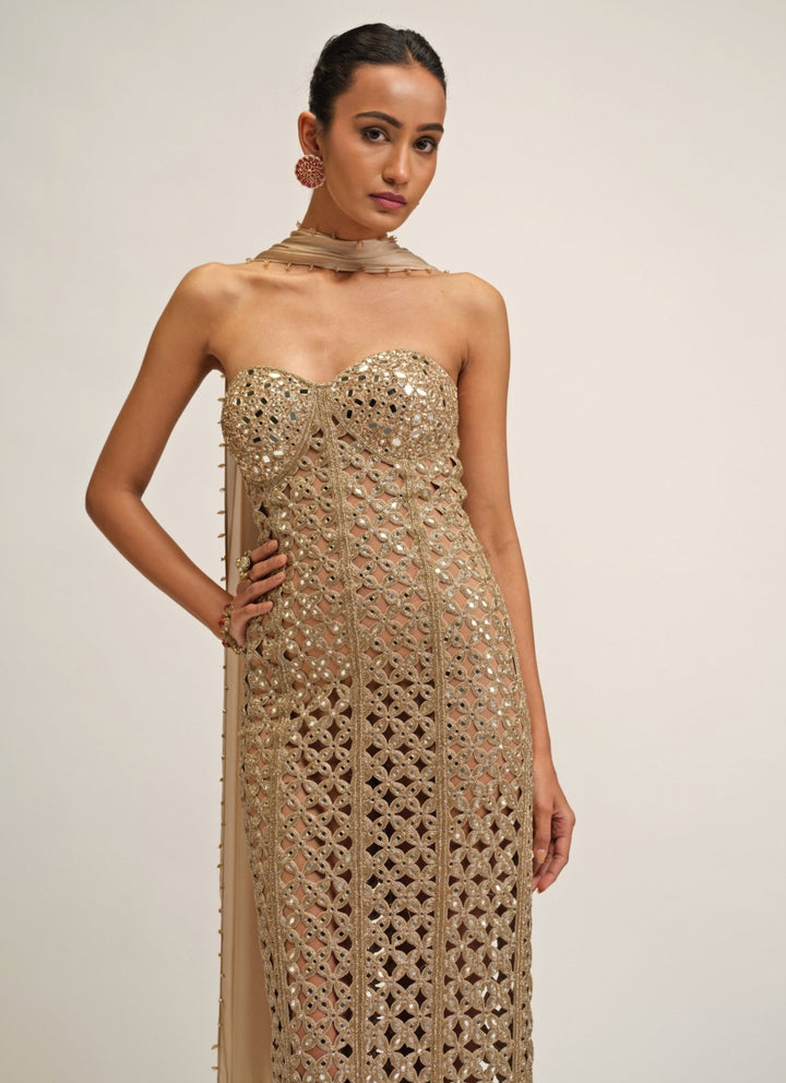 Vvani by Vani Vats Beige Gold Georgette Long DressFabilicious Fashion
