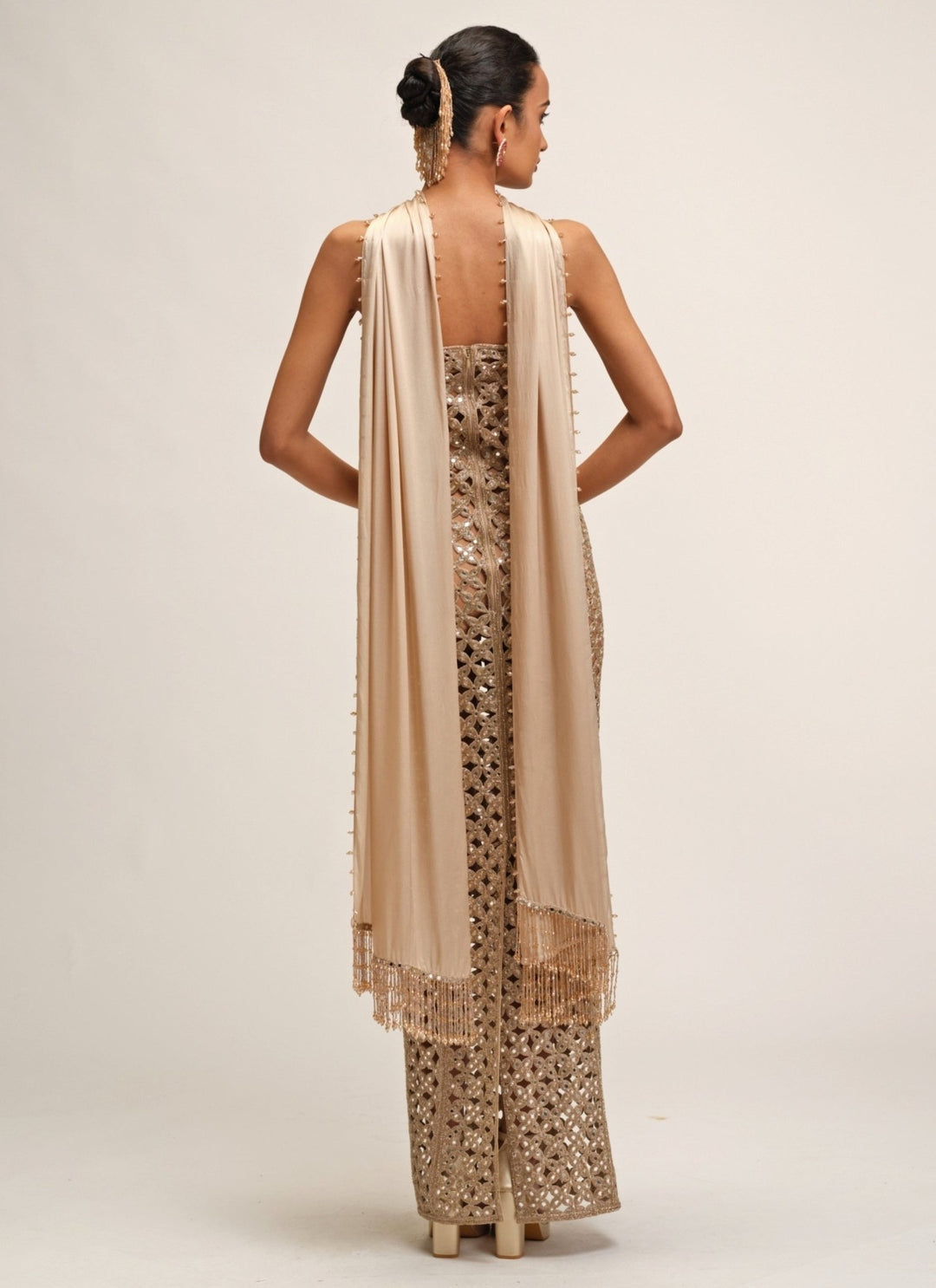 Vvani by Vani Vats Beige Gold Georgette Long DressFabilicious Fashion