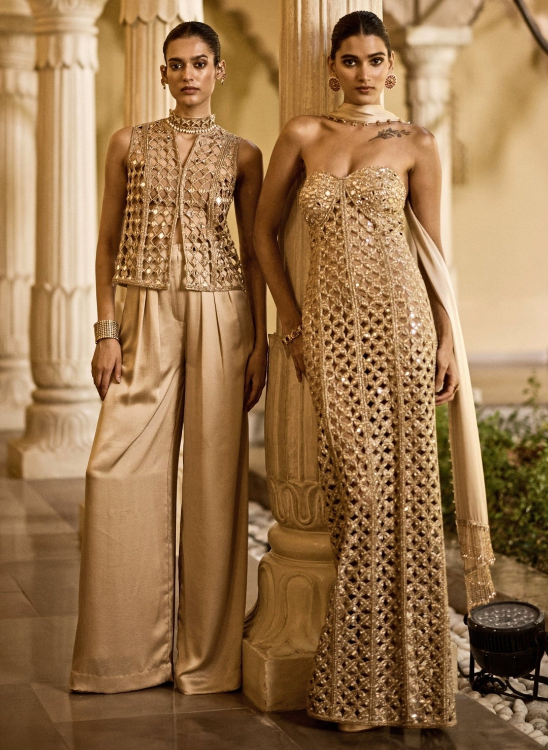 Vvani by Vani Vats Beige Gold Georgette Long GownFabilicious Fashion