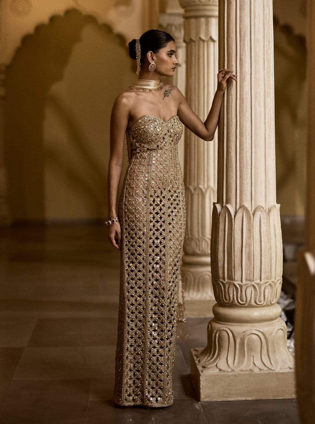 Vvani by Vani Vats Beige Gold Georgette Long GownFabilicious Fashion