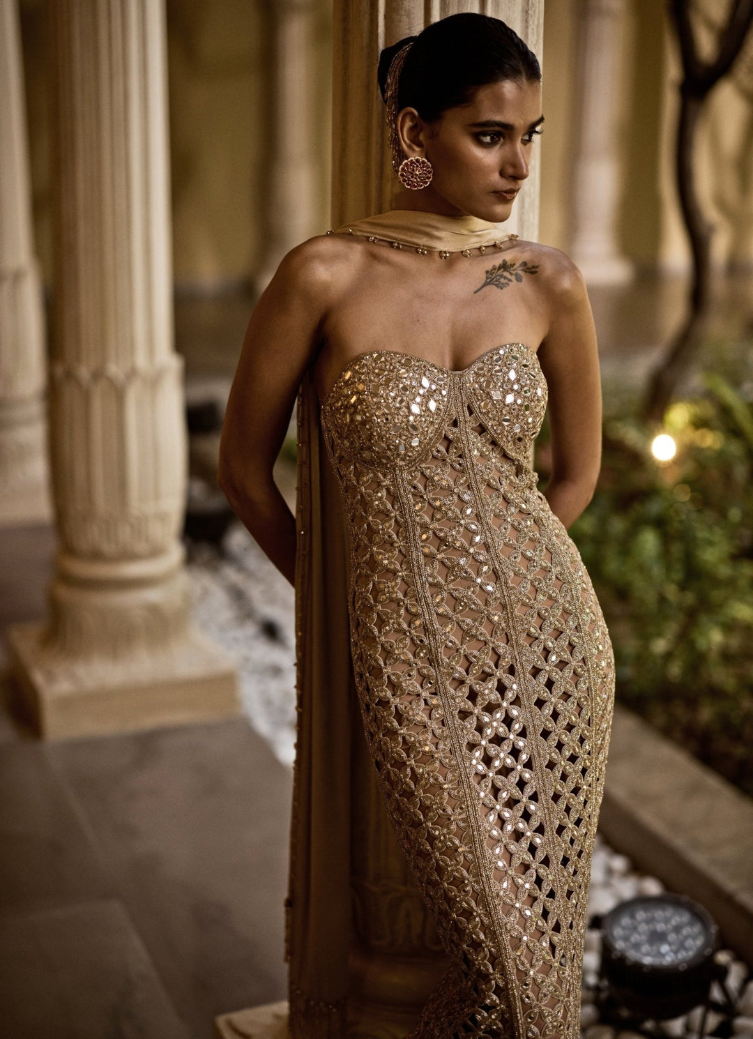 Vvani by Vani Vats Beige Gold Georgette Long GownFabilicious Fashion