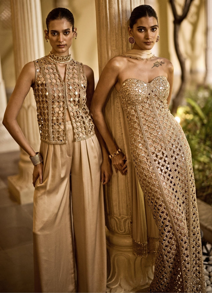 Vvani by Vani Vats Beige Gold Georgette Long GownFabilicious Fashion