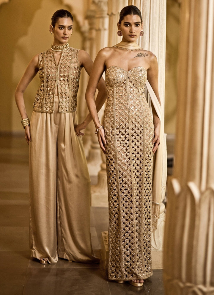Vvani by Vani Vats Beige Gold Georgette Long GownFabilicious Fashion
