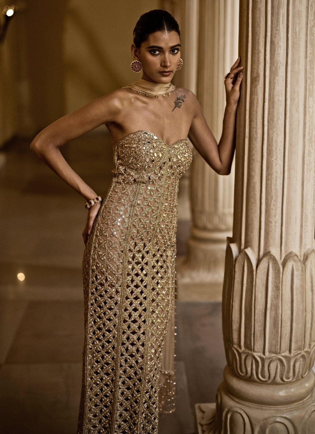 Vvani by Vani Vats Beige Gold Georgette Long GownFabilicious Fashion