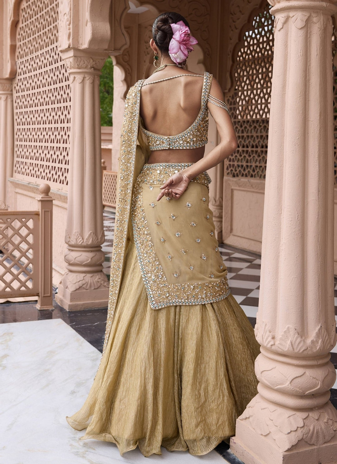 Nidhika Shekhar Beige Gold Georgette Pre-Draped Lehenga Saree SetFabilicious Fashion