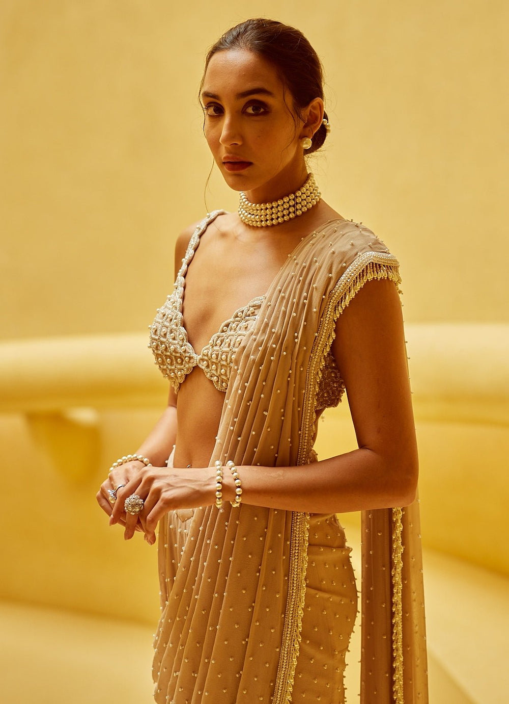 Beige Gold Georgette Pre Draped Saree With Pearl Blouse Vvani by Vani Vats - Fabilicious Fashion